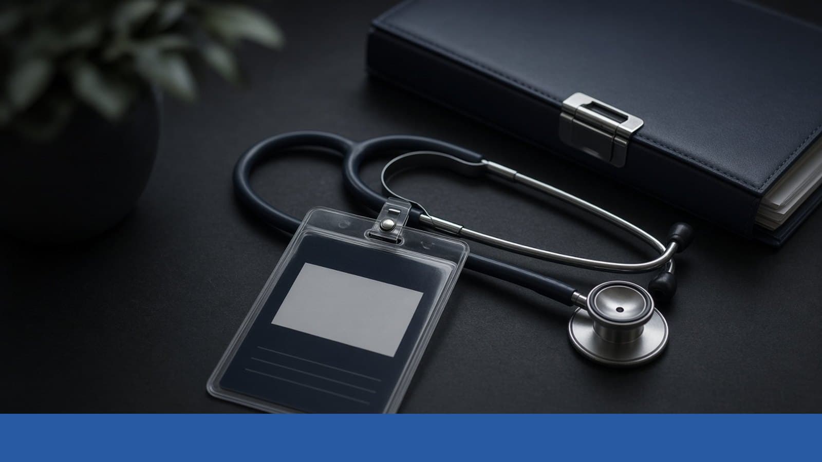 Hospital ID badge and stethoscope on a dark desk